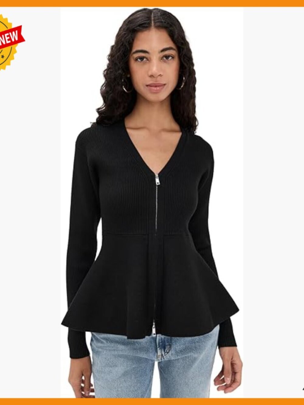 Mid-Weight Ribbed Knit Zip Up Cardigan with Peplum Hem